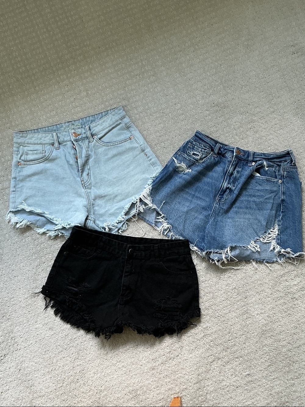 3-Pack Women’s Distressed Denim Shorts — Light Blue, Medium Blue & Black